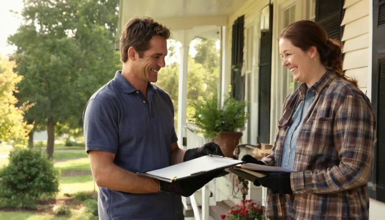 A homeowner reviewing a written tree quote with a local provider